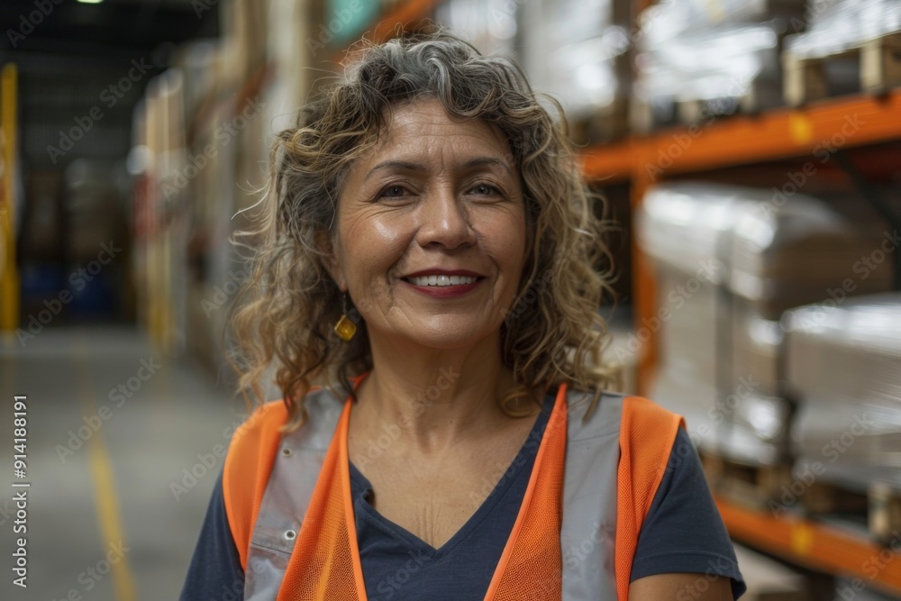 Wall mural portrait of a smiling middle aged female warehouse worker