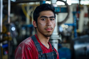 Fototapeta premium Portrait of a young male assembly line worker in factory