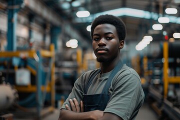 Fototapeta premium Portrait of a young male assembly line worker in factory