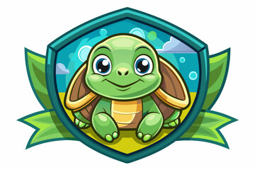 Cartoon Turtle with Shell in a Green Shield