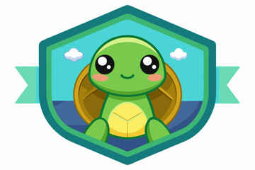 Cute Cartoon Turtle Inside a Green Shield with Clouds