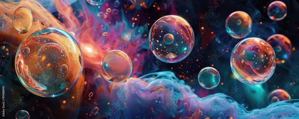 Poster a vibrant abstract image of floating bubbles against a cosmic background, showcasing colorful swirls