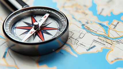 Compass on a map focusing on navigation and travel planning