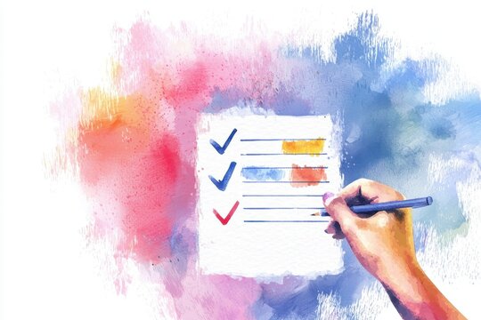 A vibrant watercolor illustration of a checklist being marked, symbolizing organization and productivity in a colorful setting.