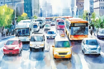 Fototapeta premium A vibrant watercolor painting depicting a busy urban street filled with diverse vehicles and lush greenery.