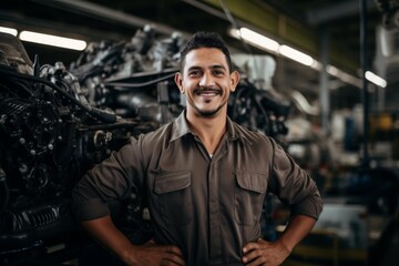 Fototapeta premium Portrait of a smiling latin male engineer in auto part factory