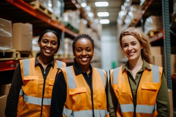 Fototapeta premium Smiling portrait of a young and diverse group of women in warehouse