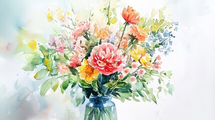 A vibrant watercolor painting of a floral bouquet in a glass vase, showcasing the beauty of nature's colors.