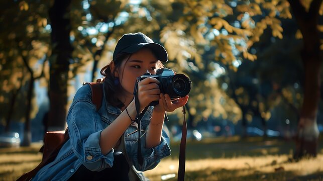 Young woman using SLR camera at the park, world photographer day concept