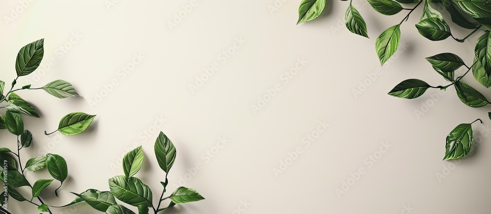 Canvas Prints minimal style copy space image with green leaves on a white paper surface