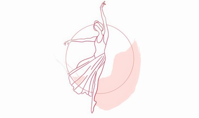 Fototapeta premium line drawing of the ballerina in pink dress on white background, text 
