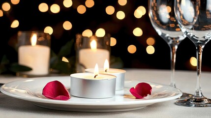 Fototapeta premium A serene dining setting features lit candles, elegant glassware, and rose petals on a wooden table, creating a romantic atmosphere