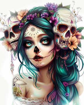 Dia de los Muertos woman with traditional clavera makeup illustration. Day of the Dead girl with sugar skull makeup and floral decorations on white background. Sticker, print, tattoo design