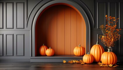 Autumn Still Life, Pumpkins Against a Gray and Orange Background. Autumn Minimalism. 3D
