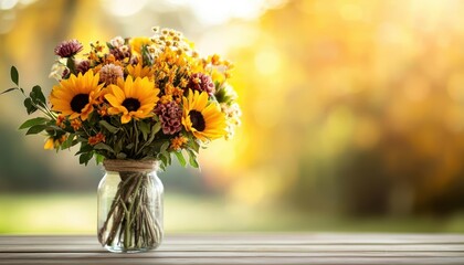 A rustic bouquet of sunflowers and wildflowers in a mason jar.