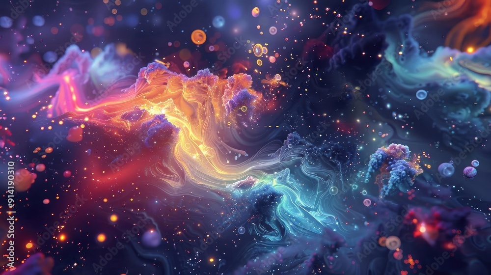 Poster a mesmerizing cosmic scene filled with vibrant colors and ethereal patterns, capturing the beauty of