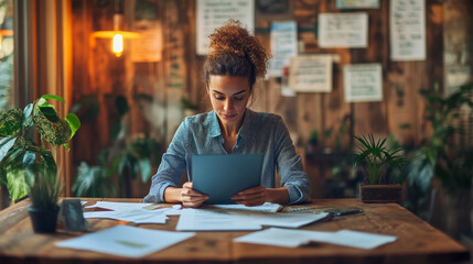 Fototapeta premium A woman is sitting at a desk with a tablet in front of her