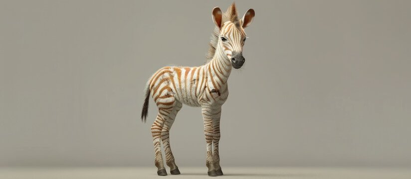 A zebra foal with a coat tinged with rust creating a striking appearance against a plain background perfect for a copy space image