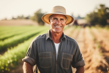 Obraz premium Smiling portrait of a middle aged Caucasian male farmer on field