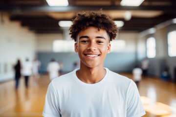 Fototapeta premium Portrait of a smiling male African American teenager in basketball gym