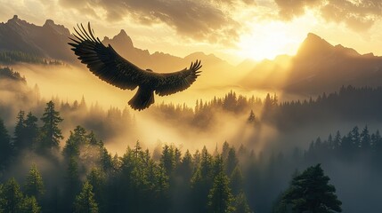 A lonely eagle soaring above a forested mountain range, with the sun setting behind.