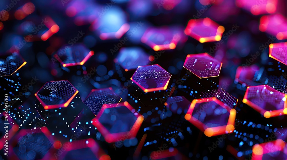 Poster close-up of vibrant hexagonal patterns illuminated with neon colors, creating a stunning abstract de