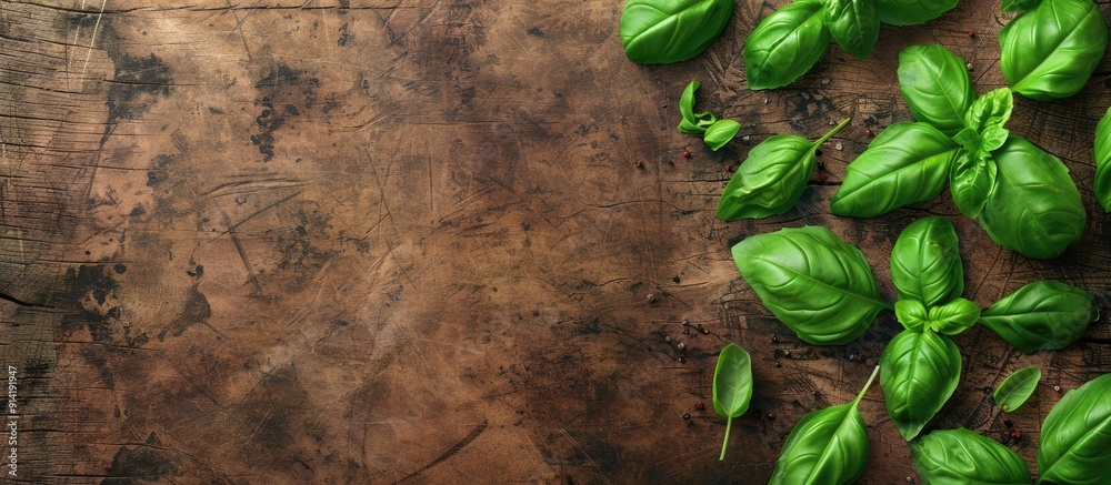 Sticker Text space available on a textured wooden background with fresh green organic basil leaves perfect for kitchen use and vegan salads. Copy space image. Place for adding text and design