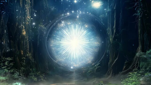 Magical forest portal with glowing light, fantasy concept