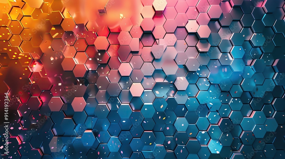 Poster colorful hexagonal pattern with vibrant gradients, ideal for backgrounds and digital design projects