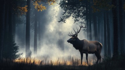 A lonely elk standing in a forest clearing, with mist rising from the ground.