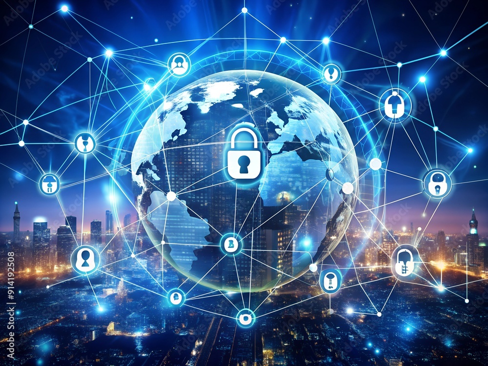 Wall mural the world is floating in the digital universe. the concept of protecting global network data.
