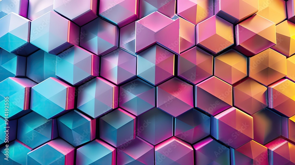 Poster Vibrant hexagonal patterns in colorful gradients create a dynamic and modern abstract design suitable for various projects.
