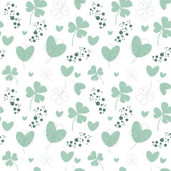 Obraz premium Web Seamless pattern of clover leaves, hearts and sage color spots. Saint Patrick Day. Shamrock. For textiles, wallpaper, packaging