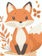 Fototapeta premium Cute Cartoon Fox Sitting Among Autumn Leaves