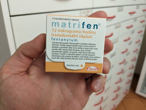 Prague,Czech Republic-August 7 2024: MATRIFEN box of transdermal patch with FENTANYL active substance by TEVA,used for chronic pain relief.


