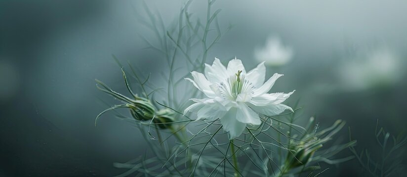 A fragile white Nigella sativa blossom in misty surroundings providing a botanical backdrop for text or images. Copy space image. Place for adding text and design