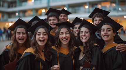 Obraz premium A multi-ethnic group of high school graduating students, happy and laughing, commemorating their graduation. 