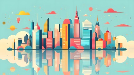 Art Deco Skyline: A 2D flat image of a city skyline designed in an Art Deco style, with skyscrapers featuring geometric patterns and a vintage color palette 