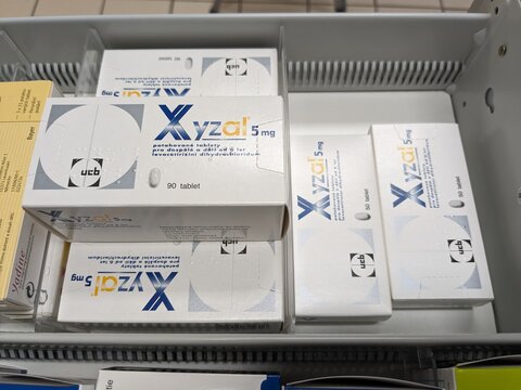 Prague,Czech Republic-August 7 2024: XYZAL box of medication with LEVOCETIRIZINE active substance by UCB,used for treatment of allergies,hay fever.
