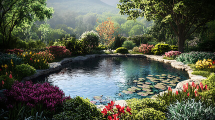 Fototapeta premium A tranquil garden pond bordered by vibrant flowers and foliage, reflecting the beauty of the surrounding landscape 