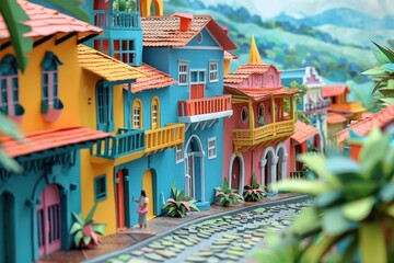 Fototapeta premium Origami Paper Town of Colonial Street in Guatape, Colombia