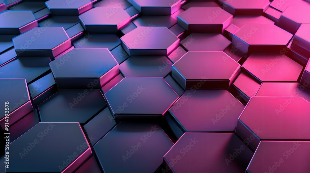 Poster futuristic hexagonal pattern with vibrant colors, creating an abstract, modern design ideal for tech