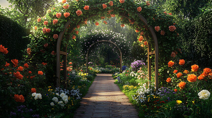 Fototapeta premium An arched trellis covered with climbing roses, set in a charming garden filled with various flowering plants 