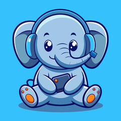 cute elephant playing game with headphone cartoon vector illustration