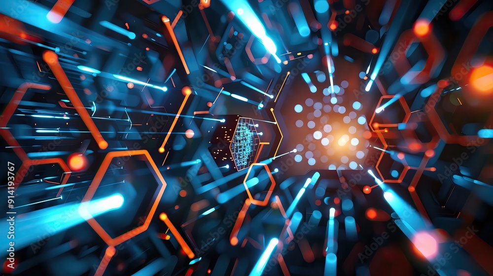 Poster futuristic abstract design showcasing neon lights and geometric patterns, creating a vibrant and dyn