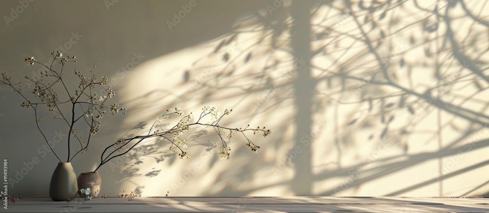 Poster a refined background for product display featuring delicate shadows from tree branches and sunlight 
