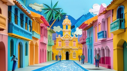 Fototapeta premium Origami Paper Town of La Candelaria, Bogota, Colombia