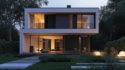 Obraz premium Sleek, modern house 3D rendering with a minimalist garden and elegant outdoor lighting.
