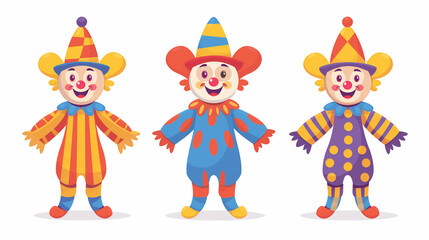 Three clowns in colorful costumes, each showcasing unique styles, at a lively Halloween party.