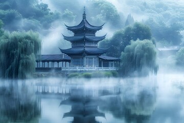 Fototapeta premium Asian-style landscape with pagoda and willow trees
